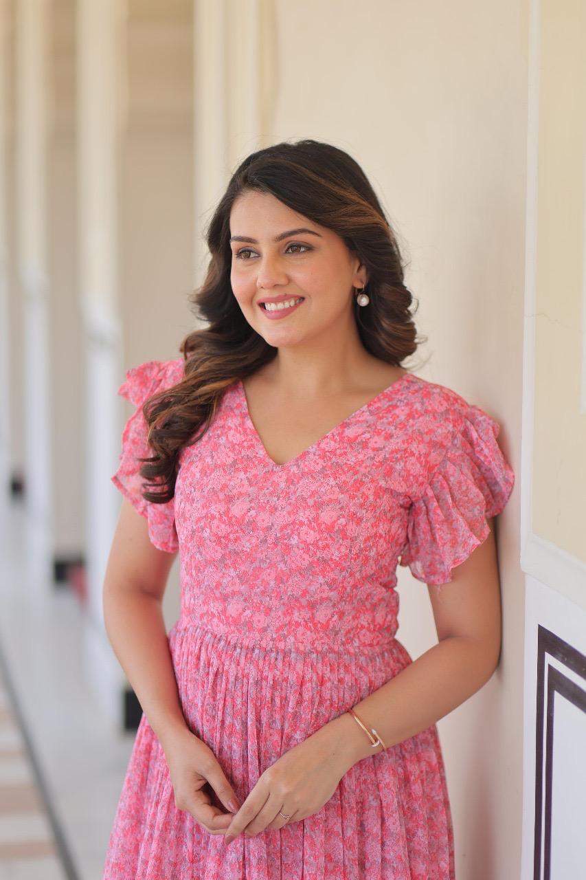 Faux Georgette Printed Flared Gown with Bell Sleeves – Baby Pink