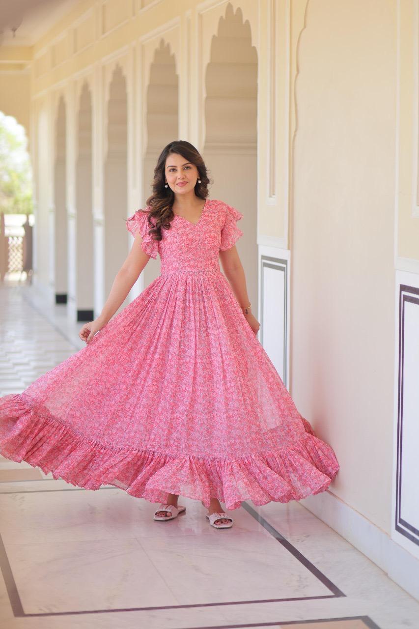 Faux Georgette Printed Flared Gown with Bell Sleeves – Baby Pink