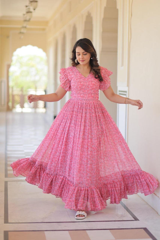 Faux Georgette Printed Flared Gown with Bell Sleeves – Baby Pink