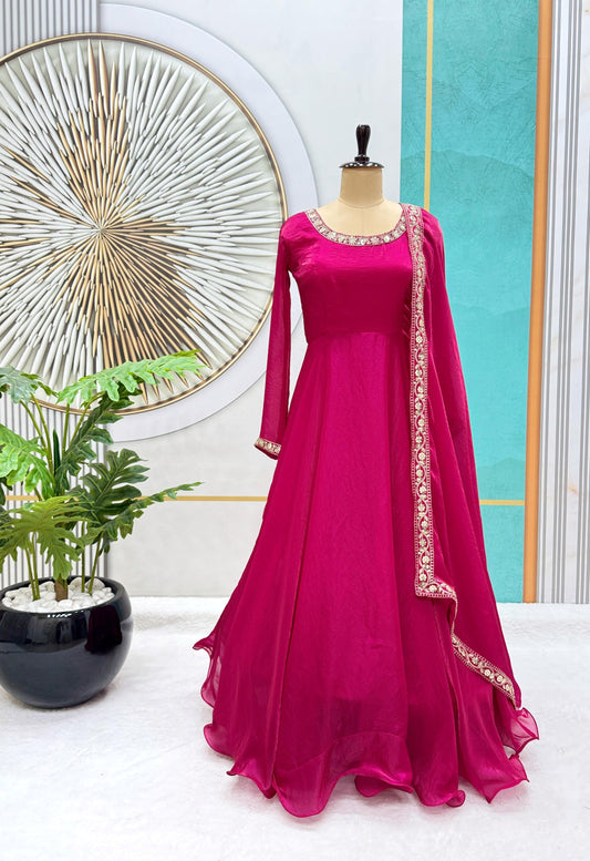 Premium Festive Wear Magenta Pink Chinon Gown with Dupatta for Women