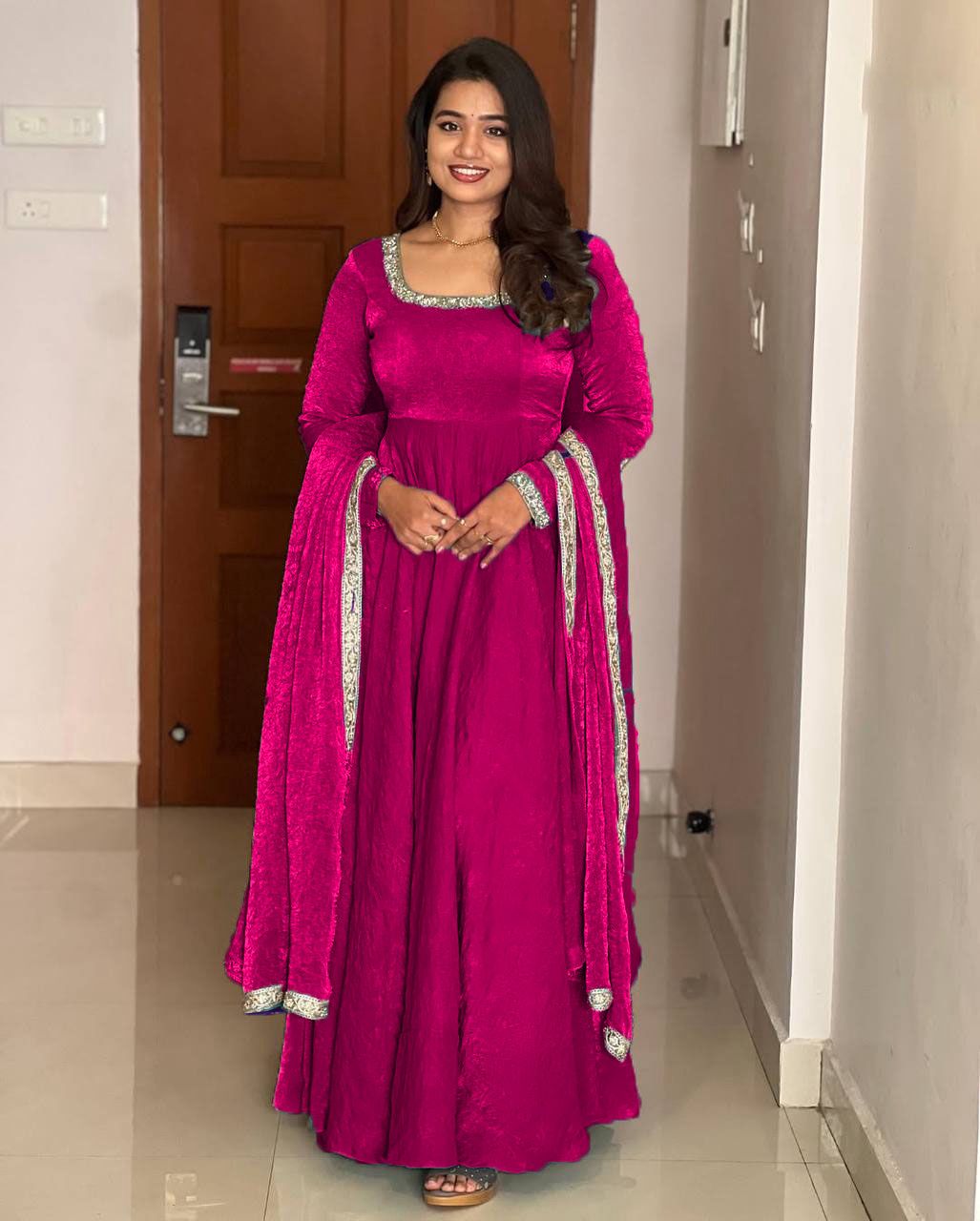 Premium Festive Wear Magenta Pink Chinon Gown with Dupatta for Women