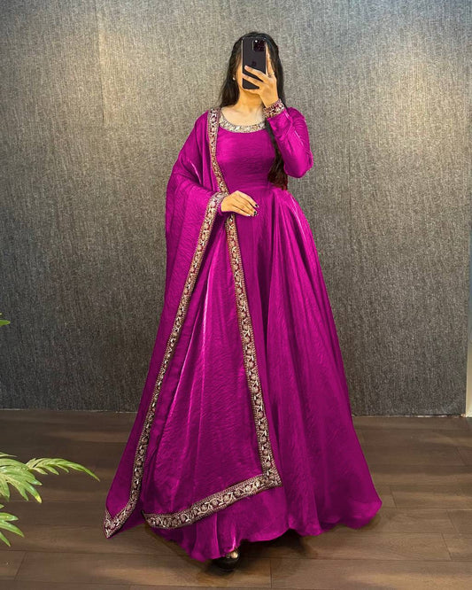 Festive Fendy Silk Violet Embroidered Chinon Gown with Dupatta for Women