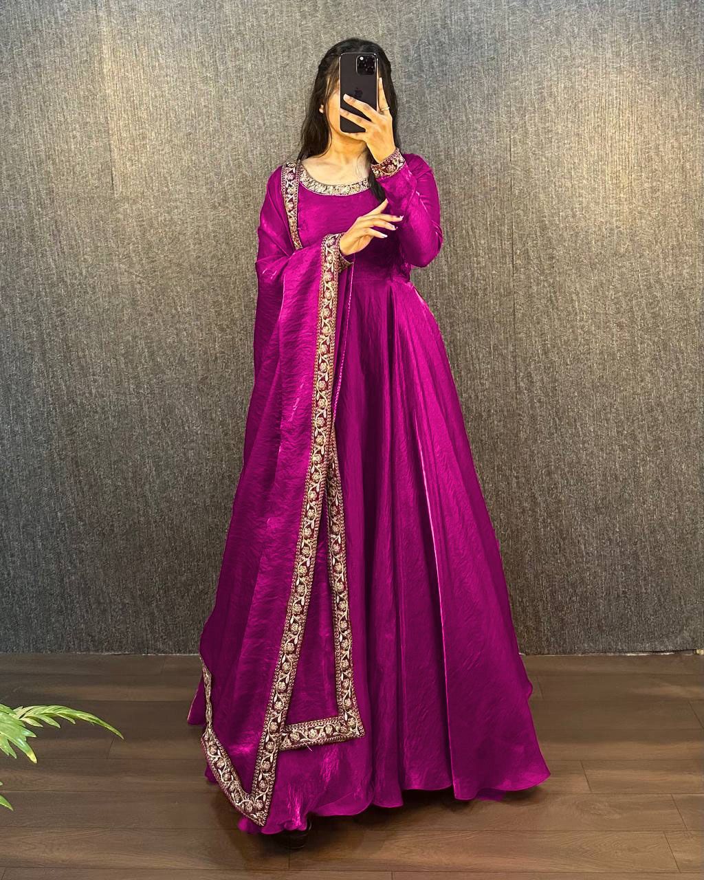 Festive Fendy Silk Violet Embroidered Chinon Gown with Dupatta for Women