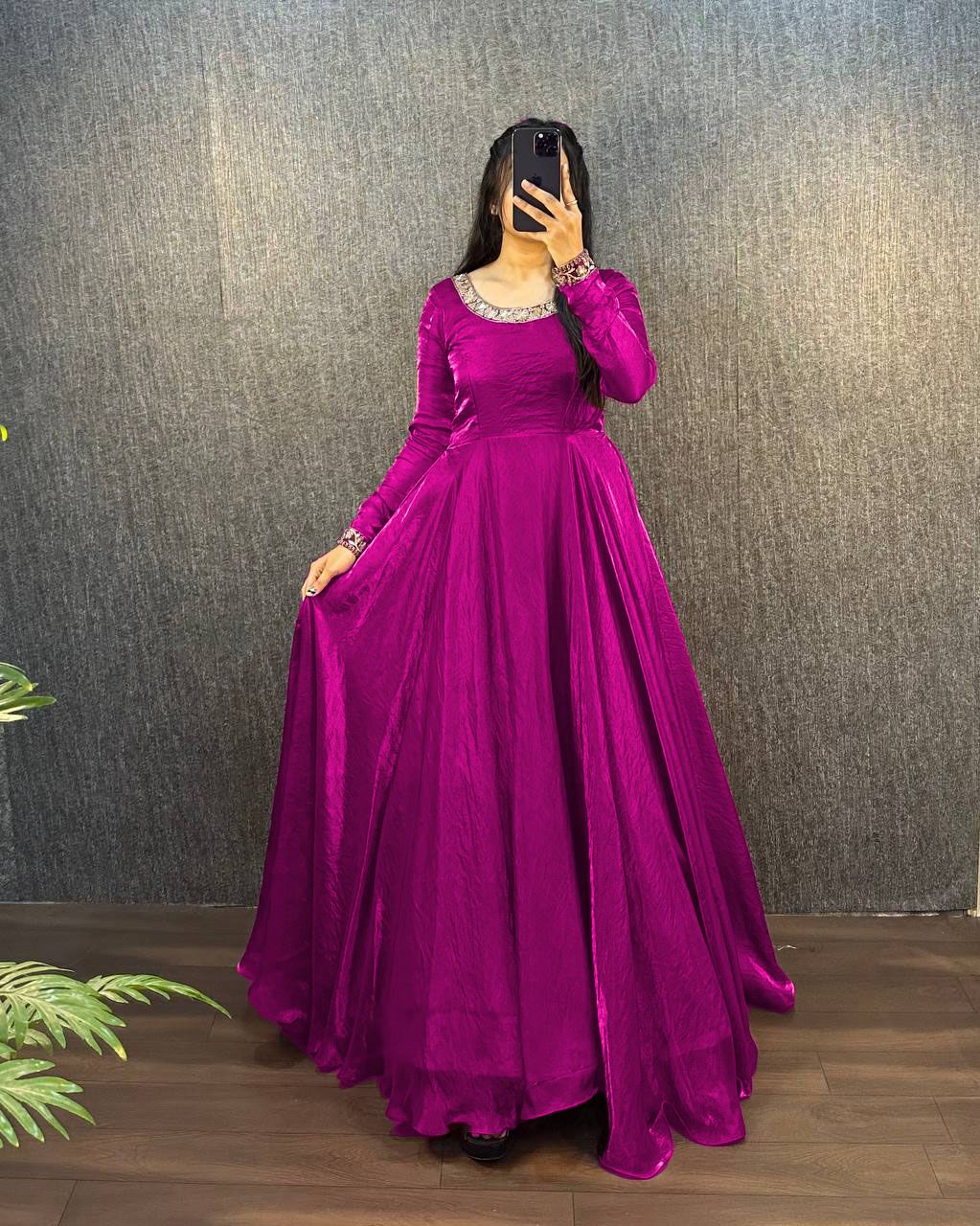 Festive Fendy Silk Violet Embroidered Chinon Gown with Dupatta for Women