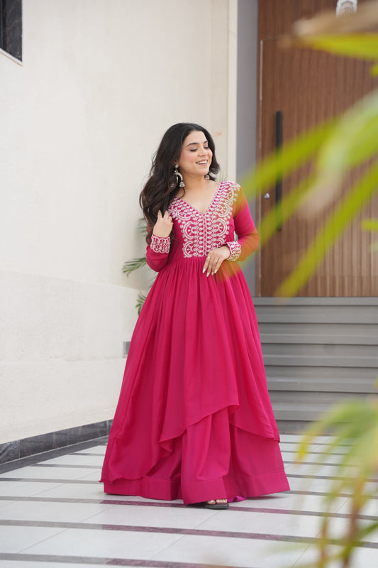 Premium Double Flair Georgette Gown for Women – Embroidery & Sequins Work | Pink