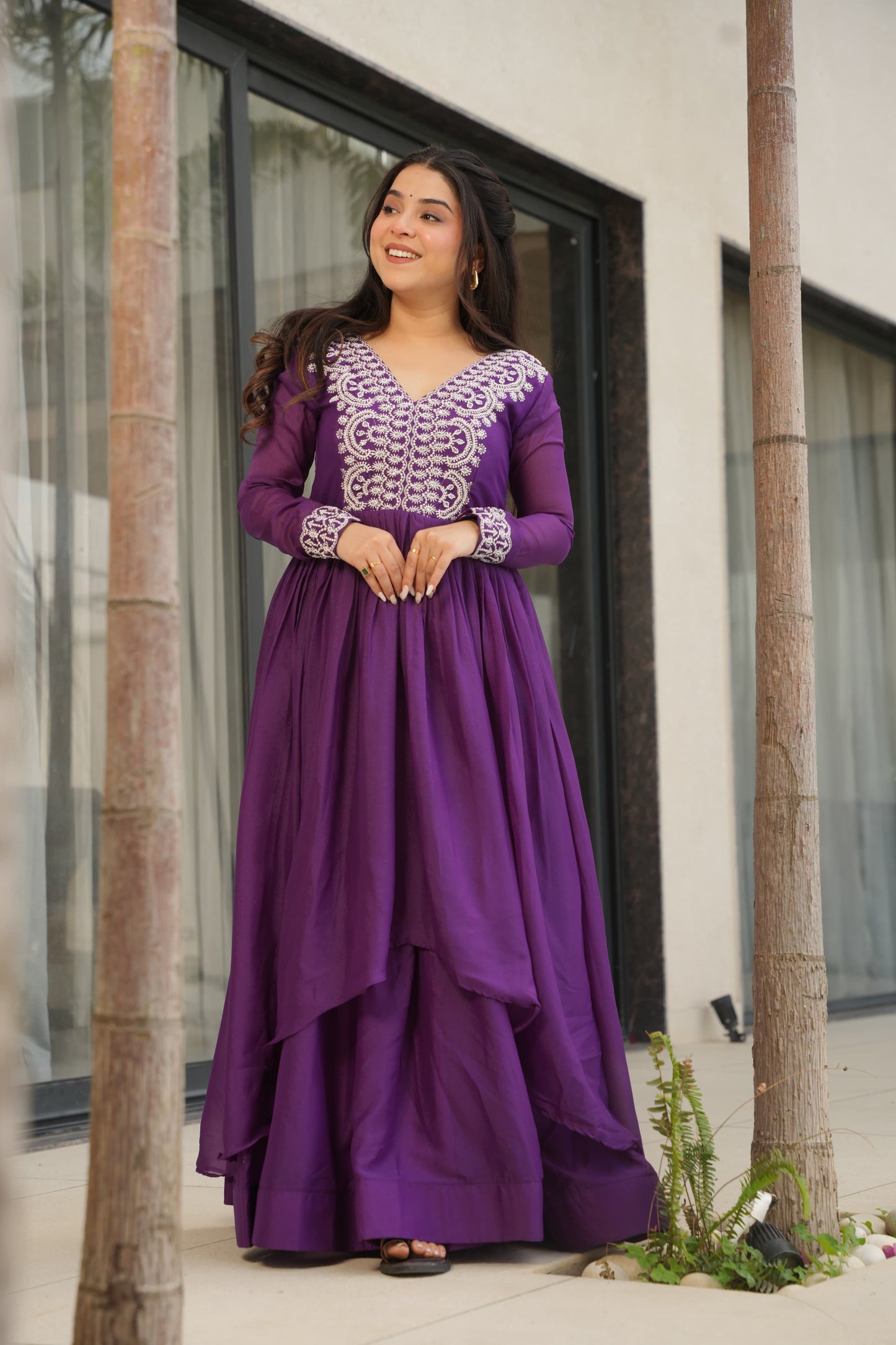 Designer Double Flair Gown – Purple Star Georgette