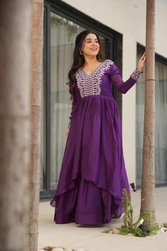 Designer Double Flair Gown – Purple Star Georgette