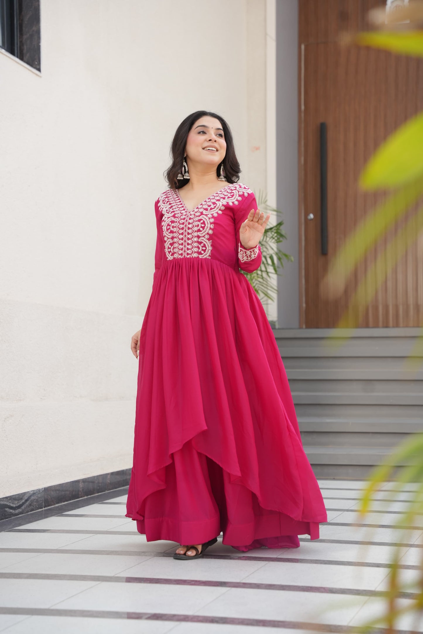 Premium Double Flair Georgette Gown for Women – Embroidery & Sequins Work | Pink