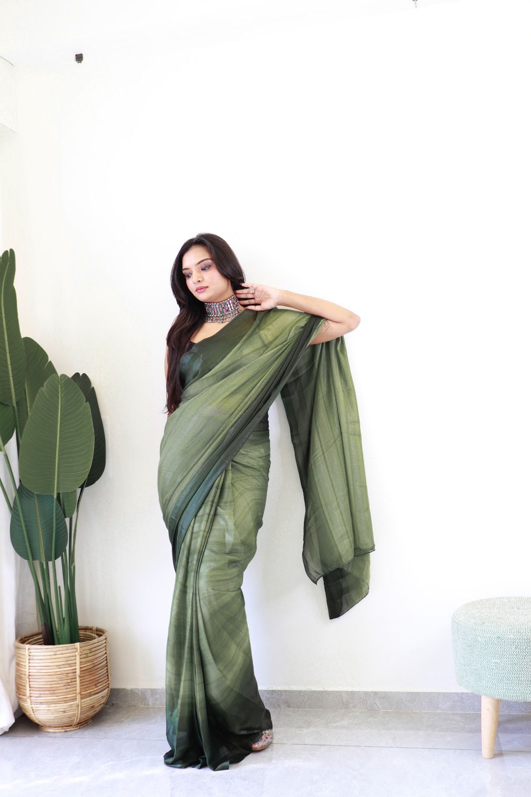 Exclusive Ready to Wear Green Rimzim Georgette  Saree with Satin Blouse