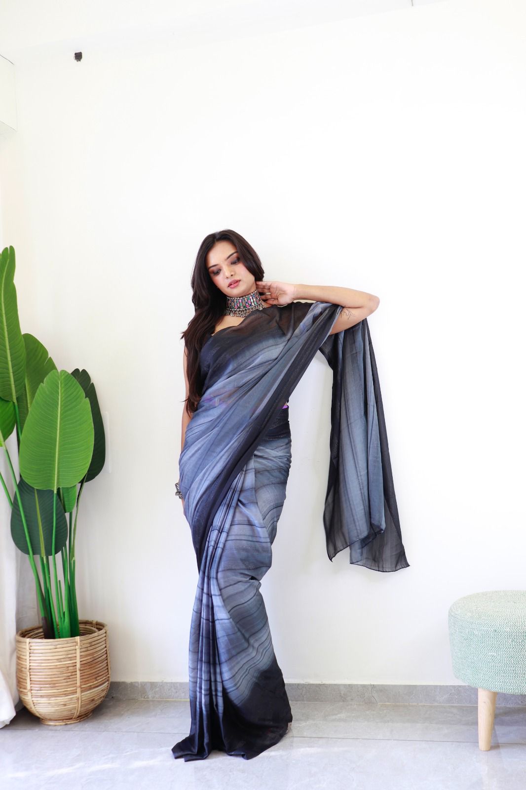 Luxury Shukra Exclusive Smoky Grey Ready-to-Wear RimZim Georgette Saree with Satin Blouse