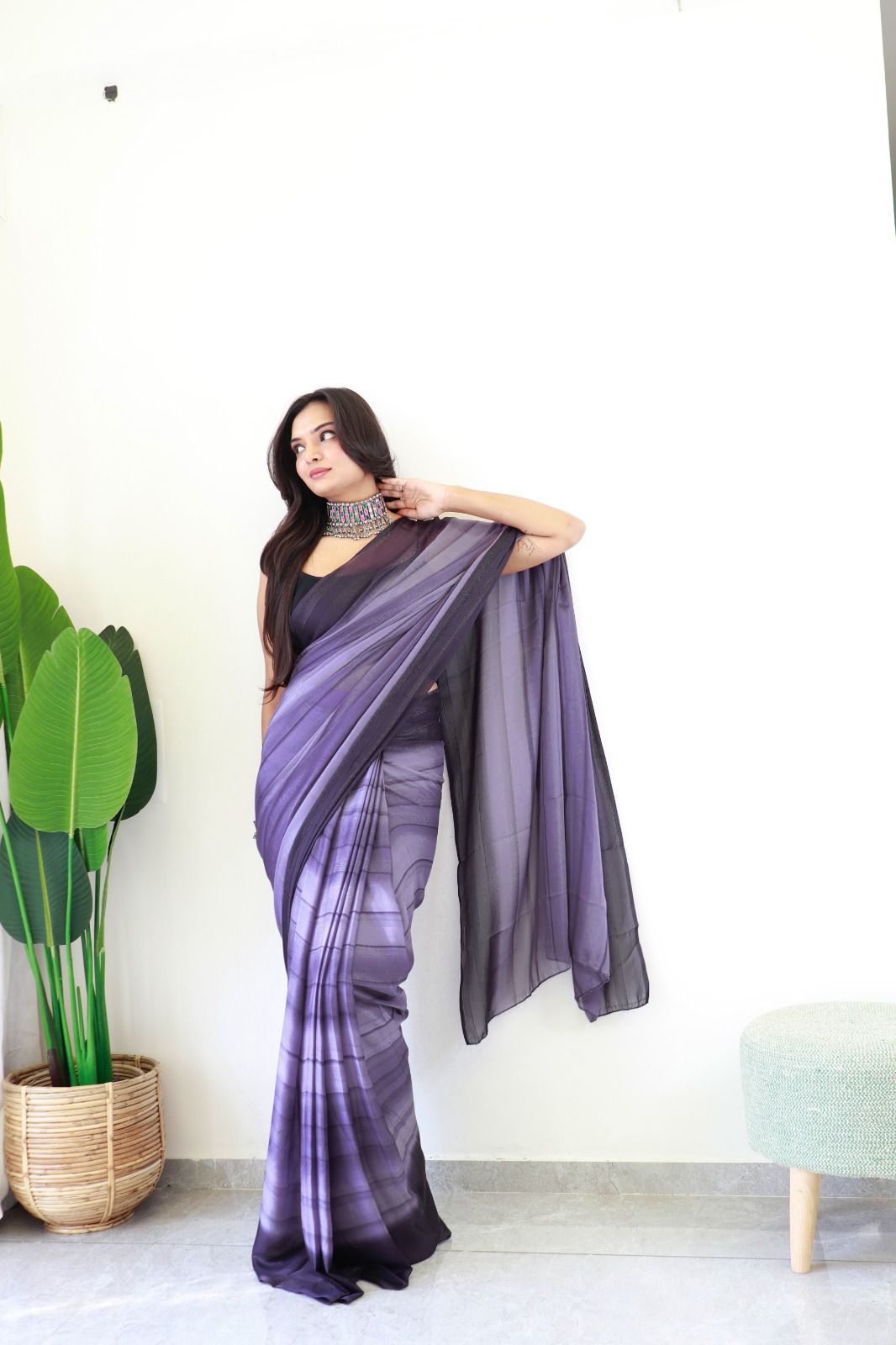 Elegant Violet Ombré Ready-to-Wear Georgette Saree with Satin Blouse
