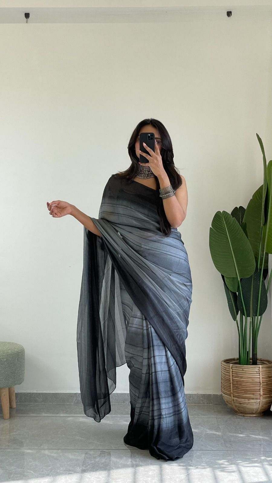 Luxury Shukra Exclusive Smoky Grey Ready-to-Wear RimZim Georgette Saree with Satin Blouse