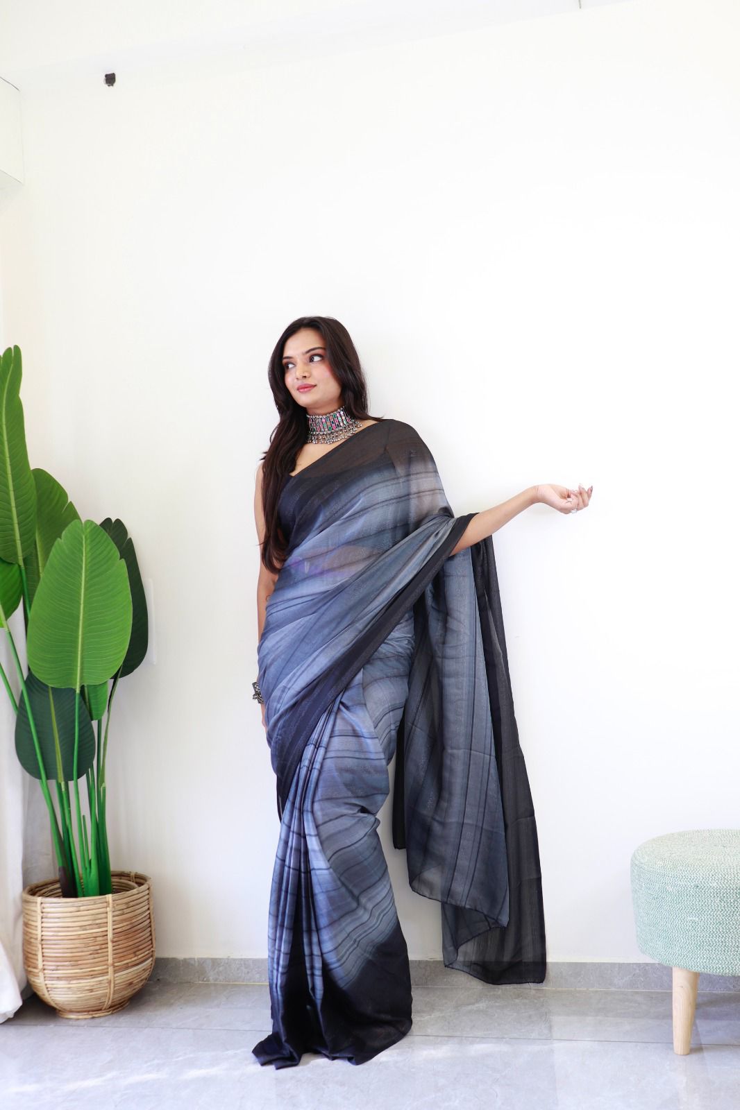 Luxury Shukra Exclusive Smoky Grey Ready-to-Wear RimZim Georgette Saree with Satin Blouse