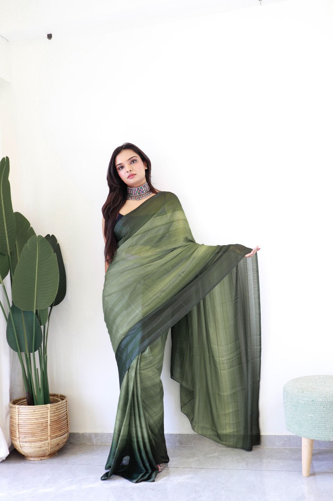 Exclusive Ready to Wear Green Rimzim Georgette  Saree with Satin Blouse
