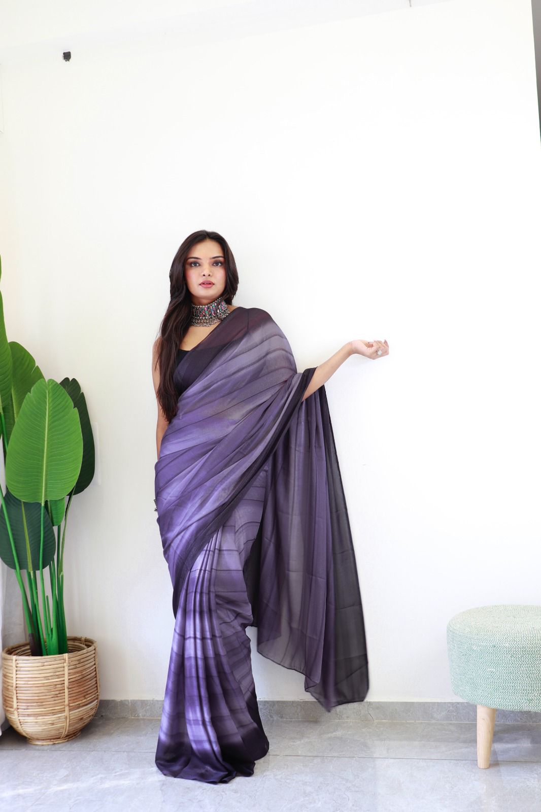 Elegant Violet Ombré Ready-to-Wear Georgette Saree with Satin Blouse