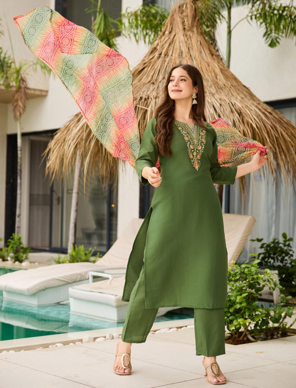 Embroidered Ethnic Wear Elegant Mahendi Rayon Straight Kurti Pant Dupatta Set