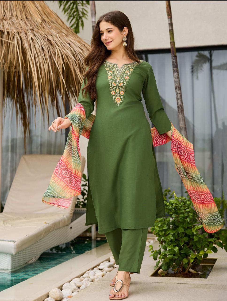 Embroidered Ethnic Wear Elegant Mahendi Rayon Straight Kurti Pant Dupatta Set