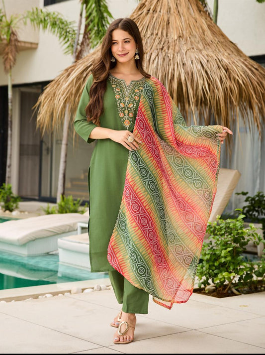 Embroidered Ethnic Wear Elegant Mahendi Rayon Straight Kurti Pant Dupatta Set
