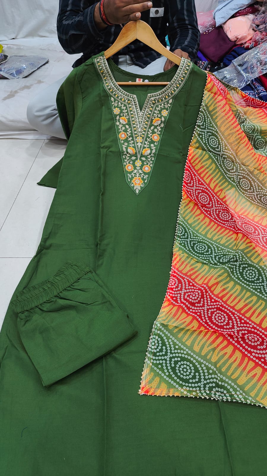 Embroidered Ethnic Wear Elegant Mahendi Rayon Straight Kurti Pant Dupatta Set