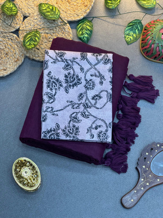 Elegant Violet Chanderi Saree ✨ with Contrast White Blouse – Handloom Saree