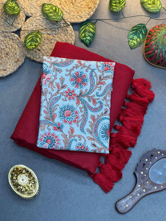 Red Handloom Chanderi Saree with Fancy Tassels & White Blouse