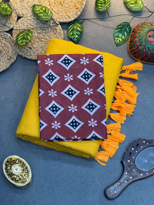 Exclusive – Yellow Chanderi Saree with Maroon Cotton Blouse