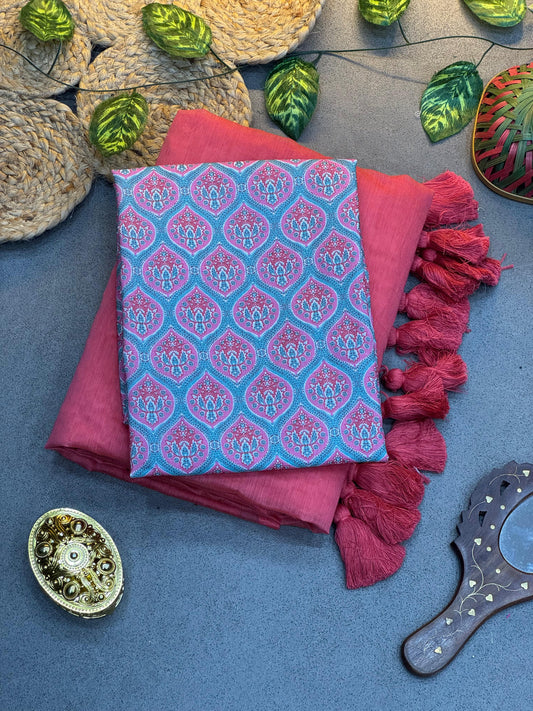 Elegant Light Pink Chanderi Saree with Contrast Purple Blouse – Handloom Collection