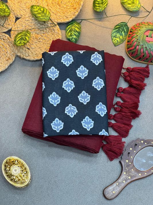 Maroon Handloom Chanderi Saree with Fancy Tassels ❤️ & Navy Blue Blouse