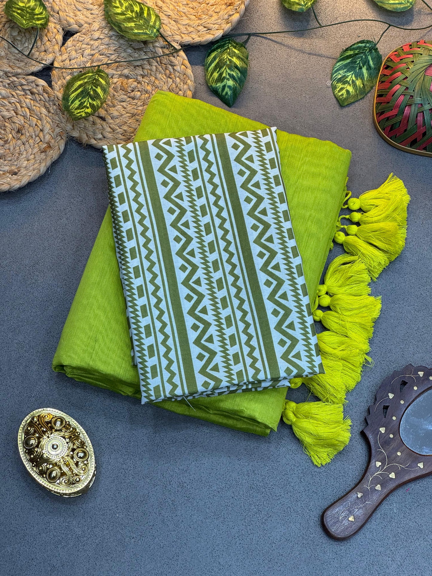 Exclusive – Light Green Chanderi Saree with Ajrak Print Blouse