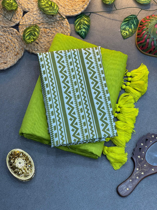 Exclusive – Light Green Chanderi Saree with Ajrak Print Blouse