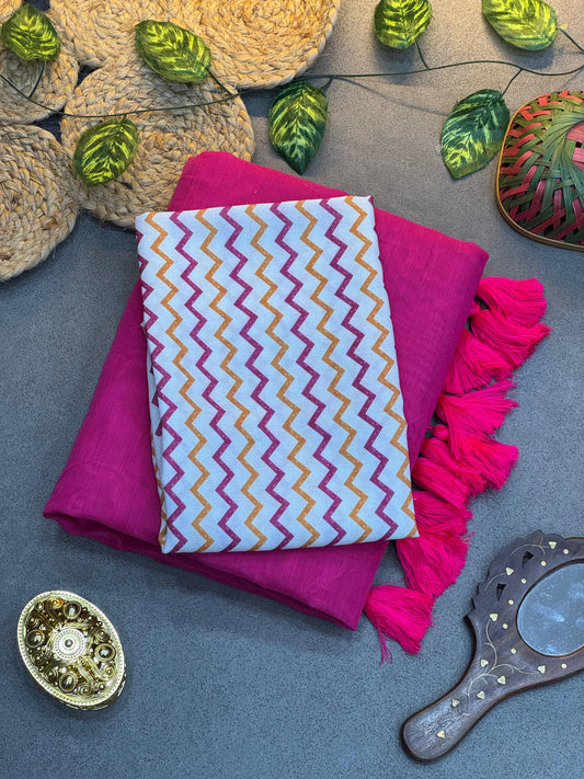 Premium Light Pink Chanderi Saree with White Striped Blouse