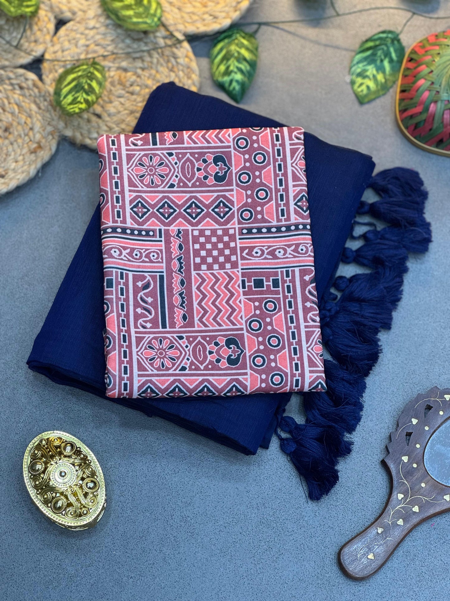 Elegant Navy Blue Chanderi Saree with White Ajrak Blouse – Handloom Collection