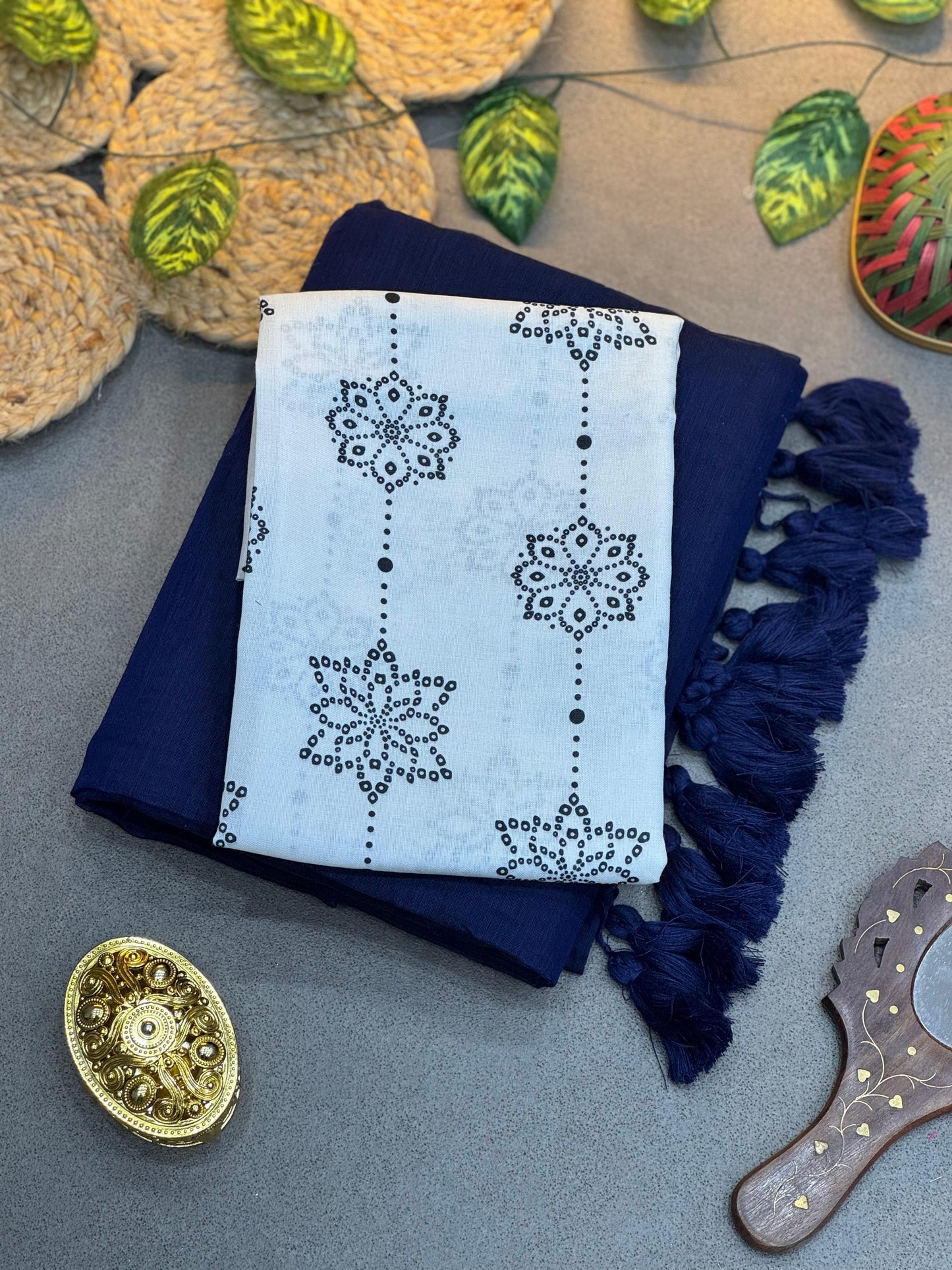 Navy Blue Handloom Chanderi Saree with Fancy Tassels & White Floral Print Blouse