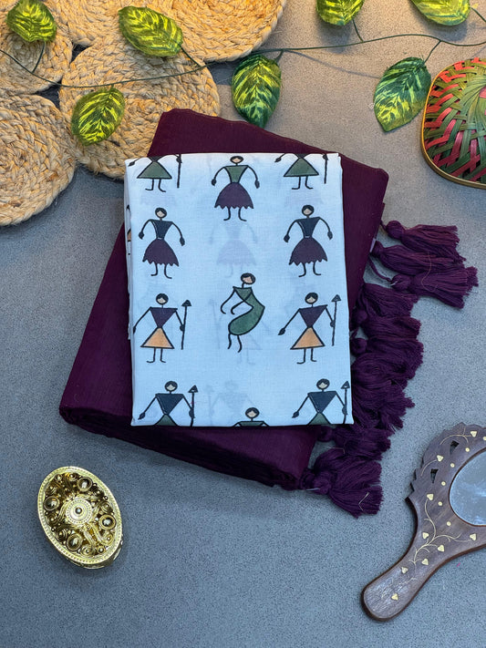 Elegant Violet Handloom Saree Paired with White Kalamkari Blouse