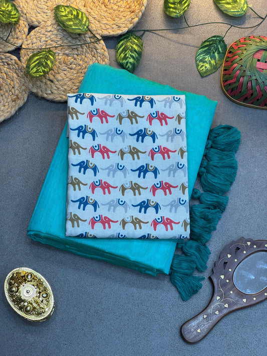 Exclusive – Teal Saree with White Elephant Motif Blouse