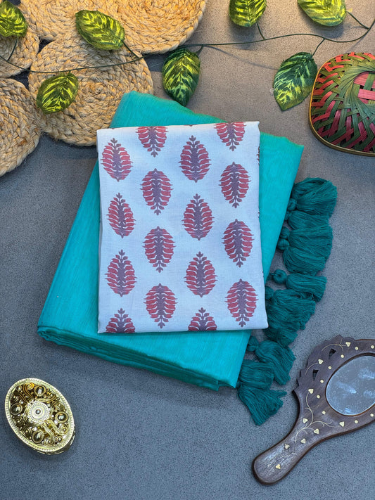 Handloom Collection Elegant Teal Chanderi Saree with Contrast White Blouse