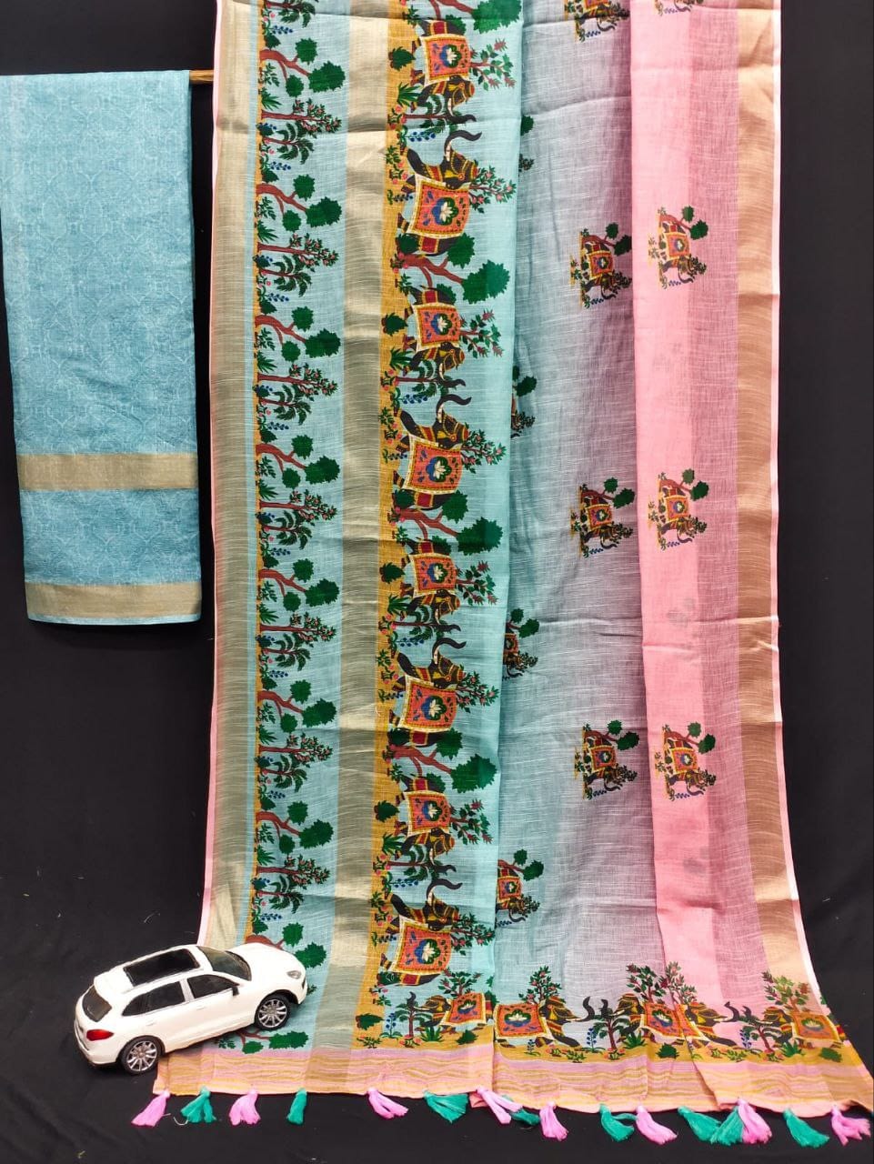 Kalamkari Gold Linen Saree with Weaving Patta & Digital Blouse