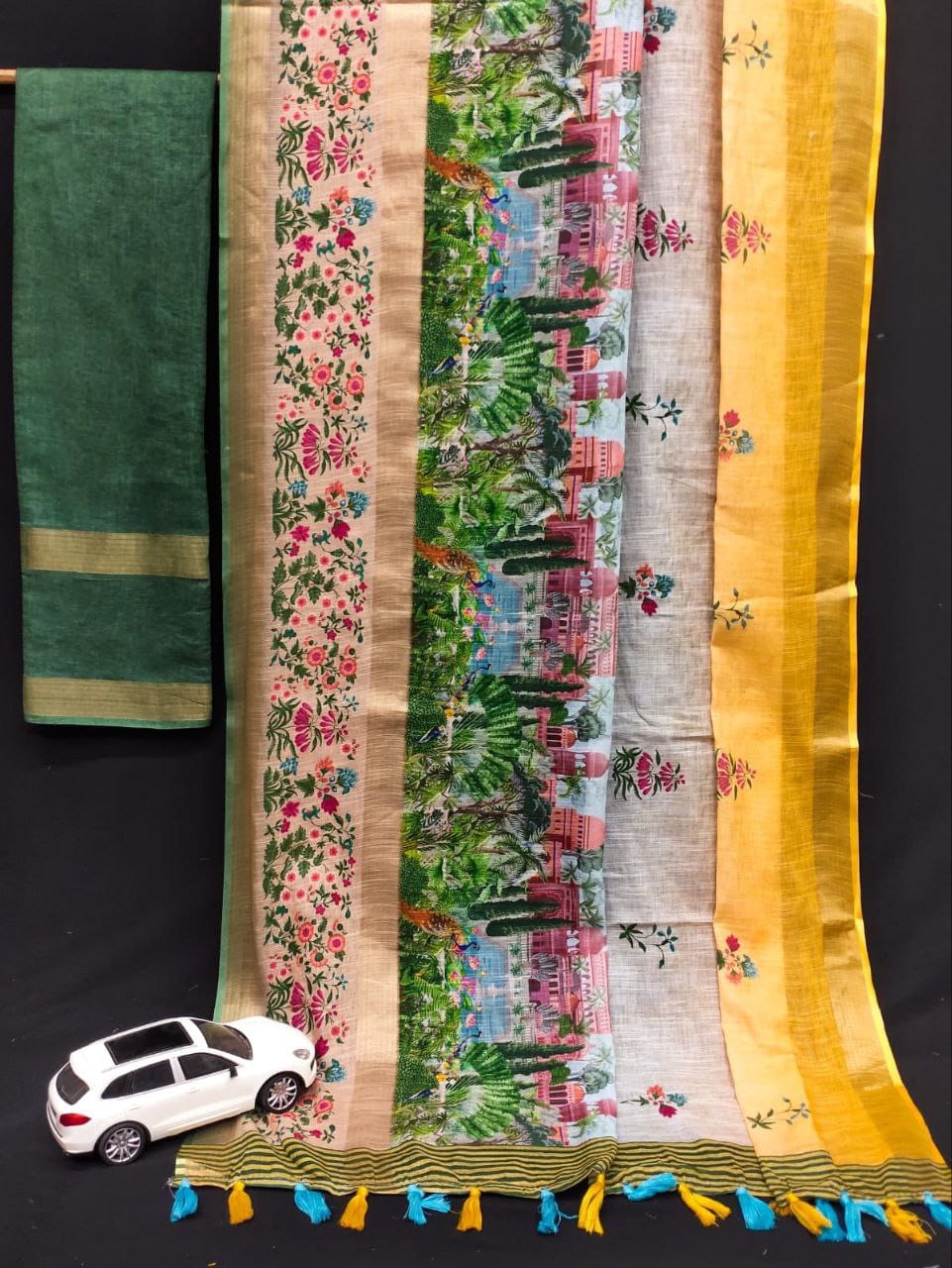 Kalamkari Gold Linen Saree with Weaving Patta & Digital Blouse