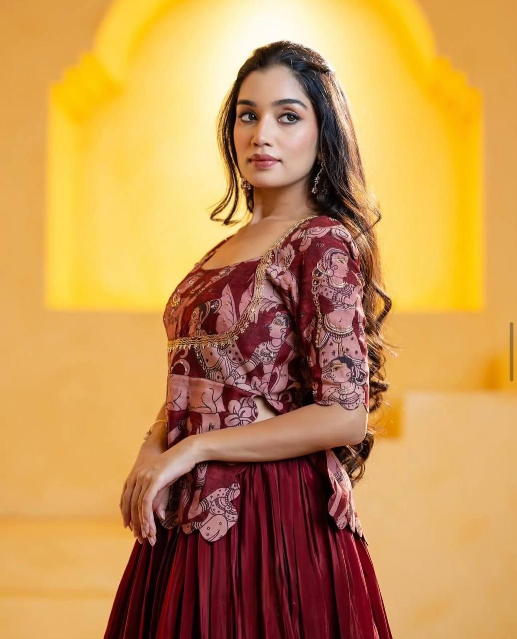 Festival Special Kalamkari Chinon Crop Top with Lehenga Set