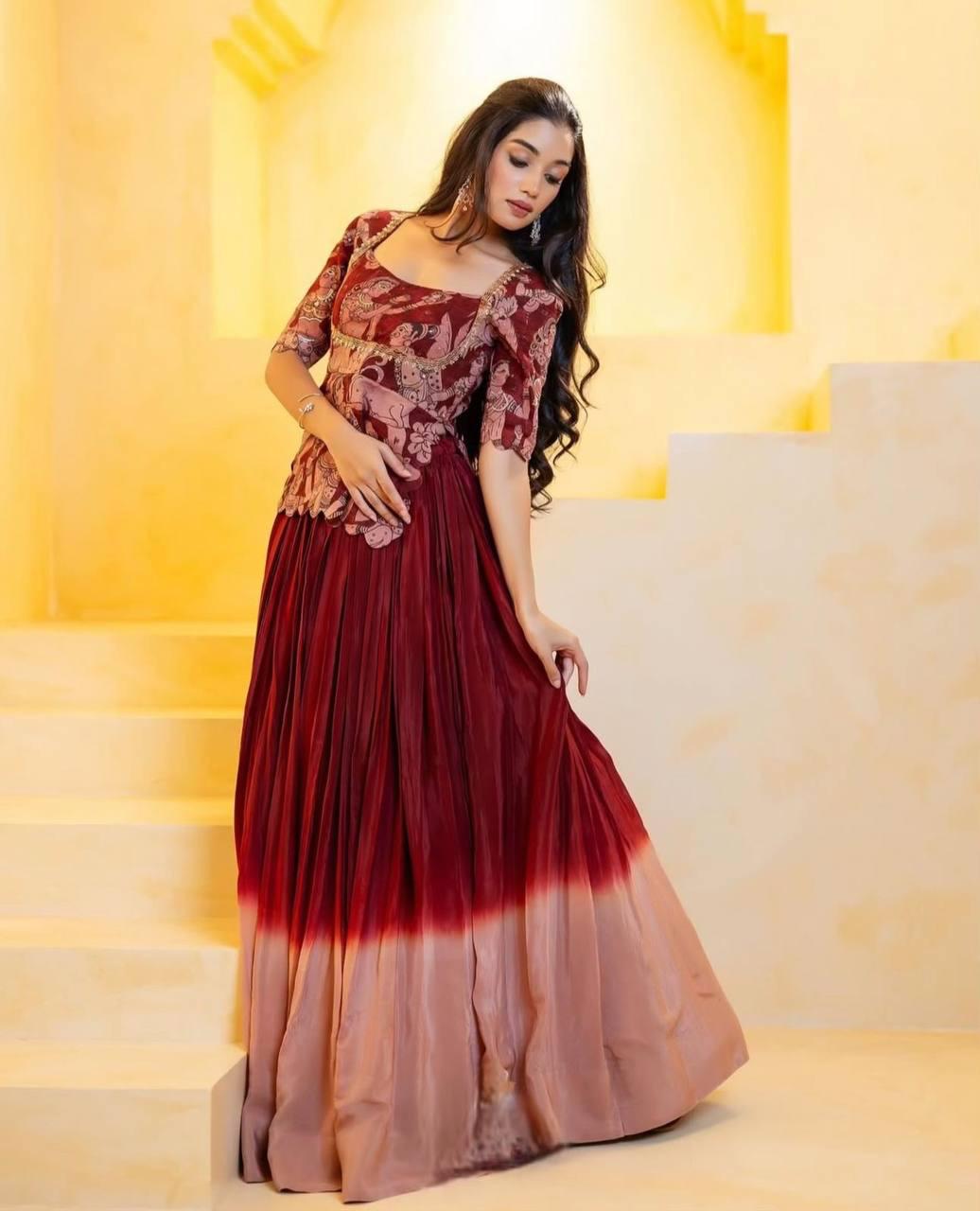 Festival Special Kalamkari Chinon Crop Top with Lehenga Set