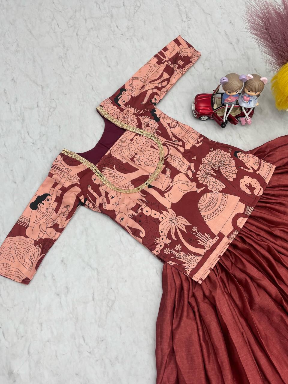 Festival Special Kalamkari Chinon Crop Top with Lehenga Set