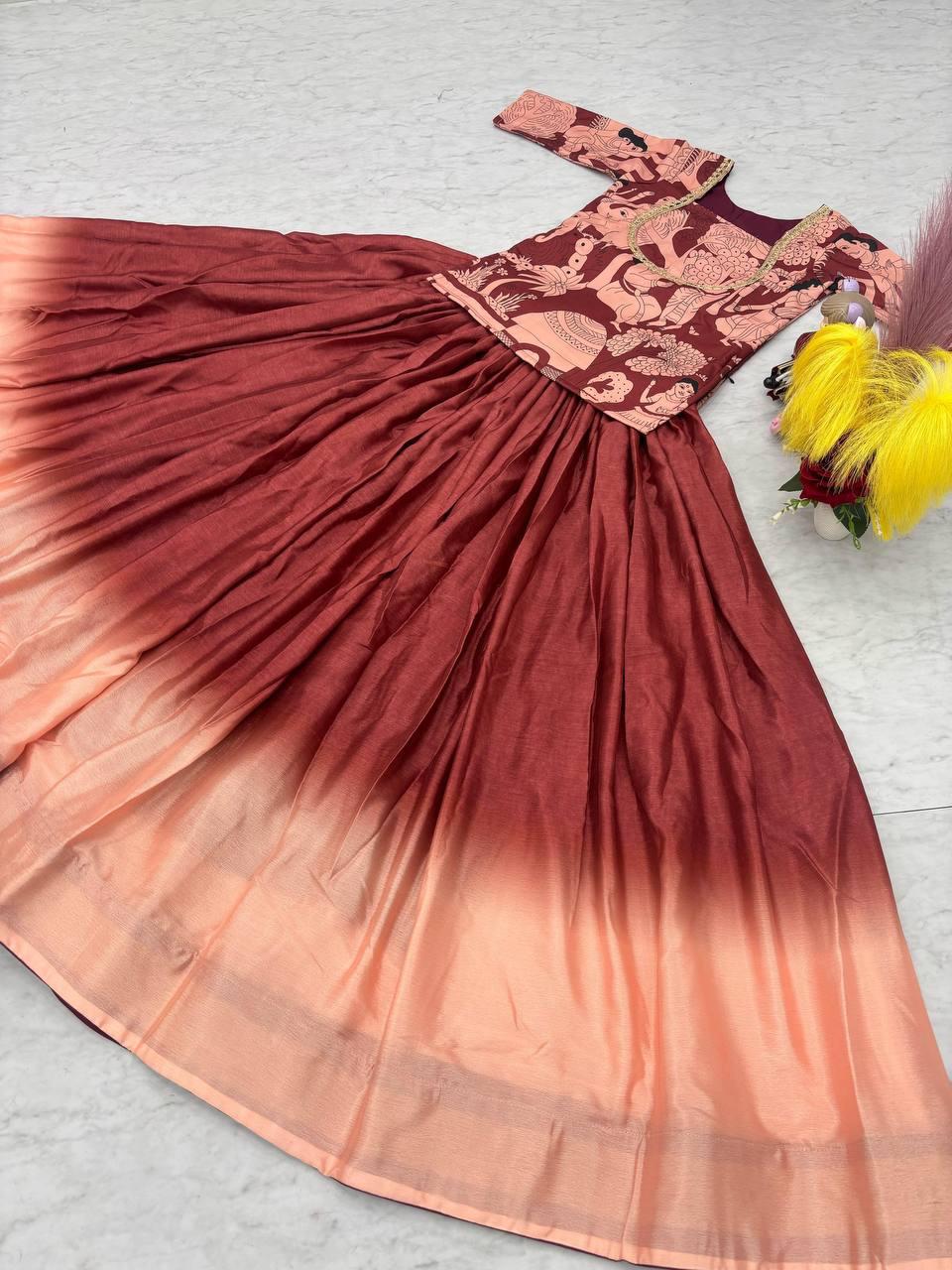 Festival Special Kalamkari Chinon Crop Top with Lehenga Set