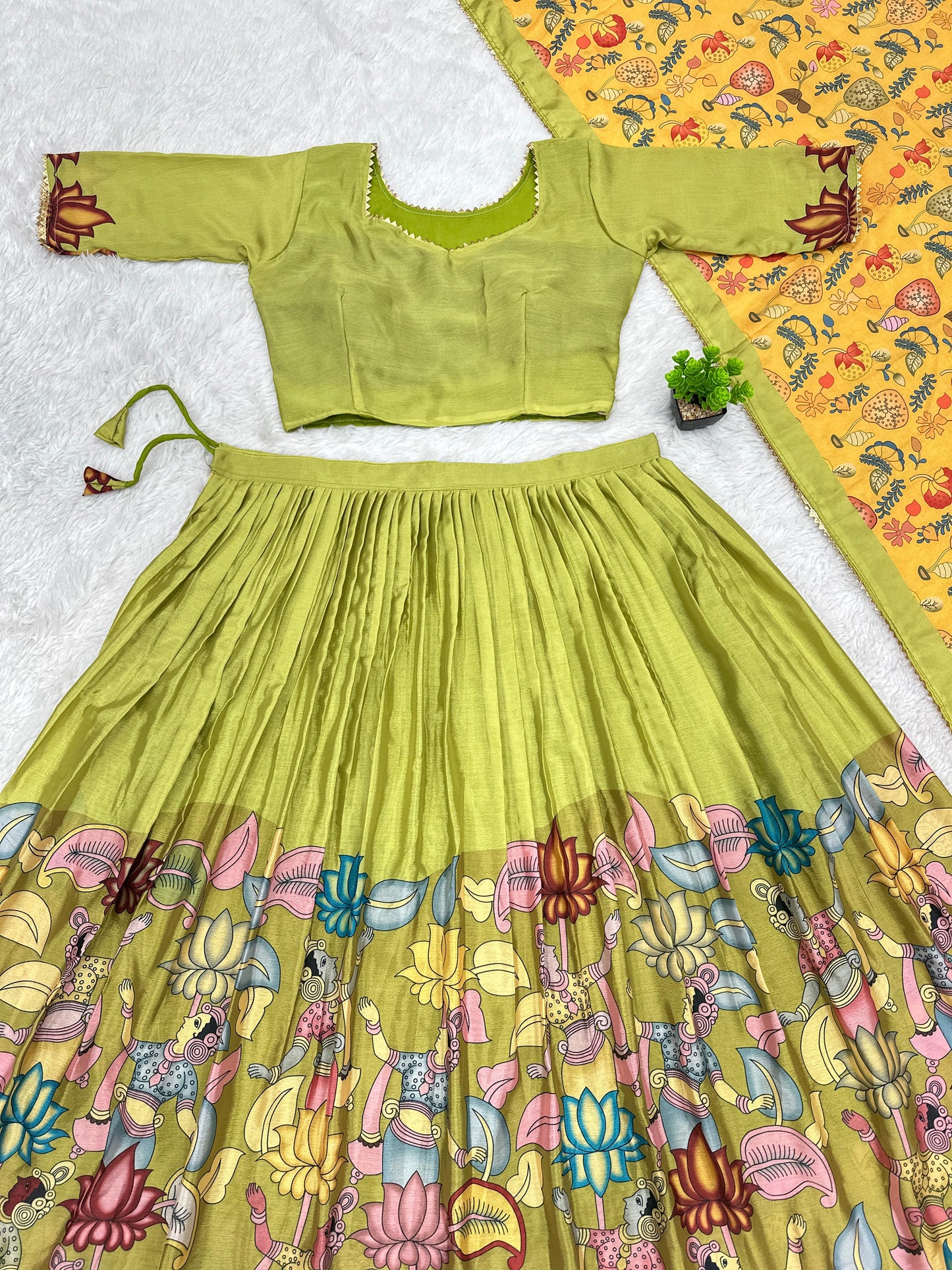 Elegant Pista Green  Printed Kalamkari Lehenga Choli with Dupatta