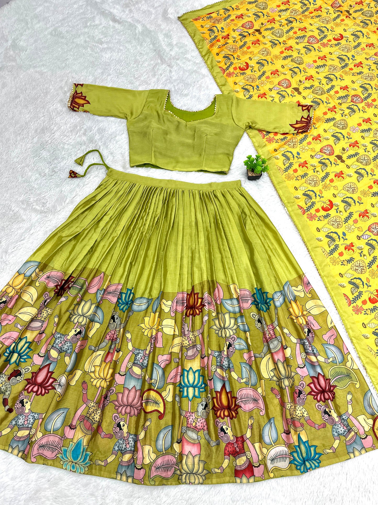 Elegant Pista Green  Printed Kalamkari Lehenga Choli with Dupatta