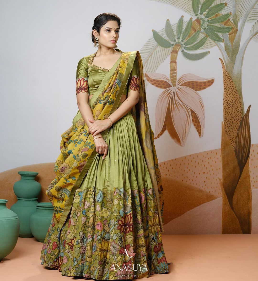 Elegant Pista Green  Printed Kalamkari Lehenga Choli with Dupatta