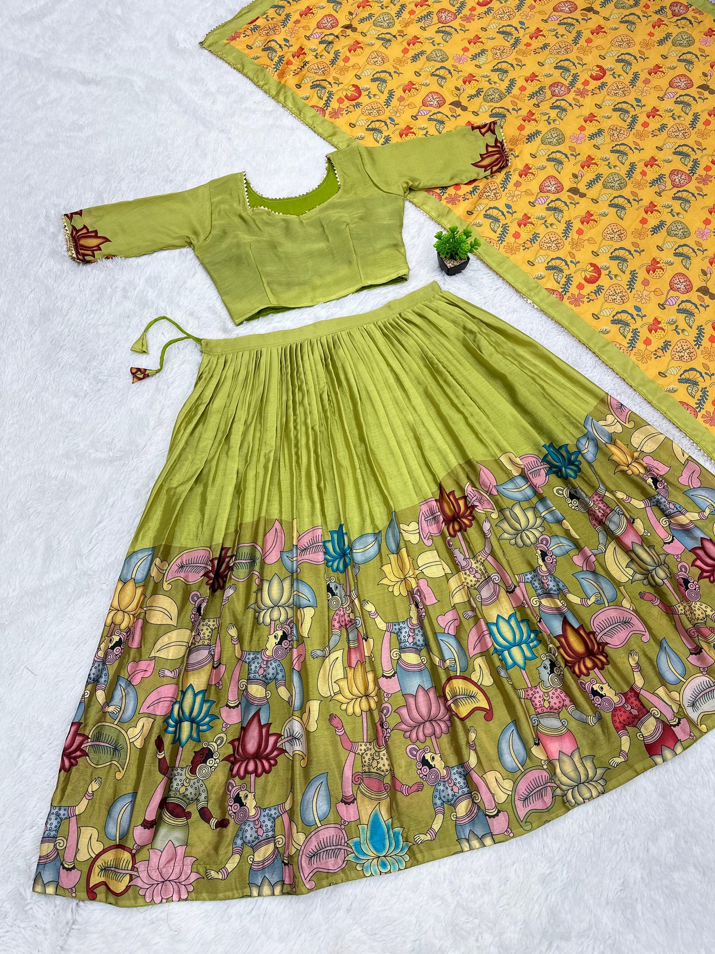 Elegant Pista Green  Printed Kalamkari Lehenga Choli with Dupatta