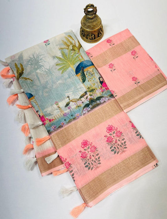 Kalamkari Gold Linen Saree with Weaving Patta & Digital Blouse