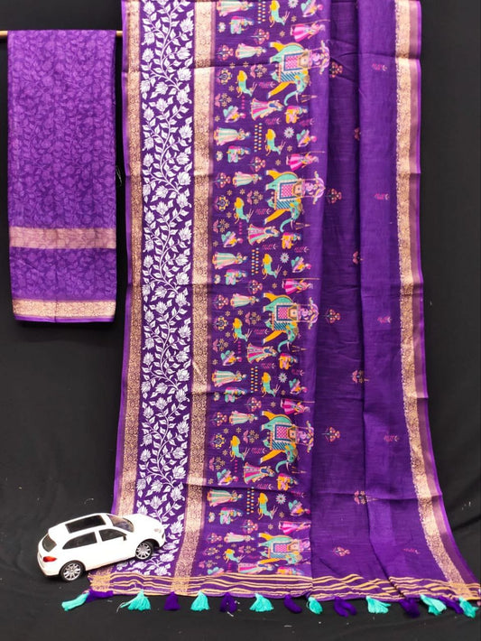Kalamkari Gold Linen Saree with Weaving Patta & Digital Blouse