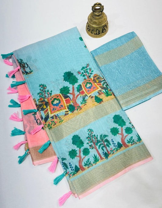 Kalamkari Gold Linen Saree with Weaving Patta & Digital Blouse