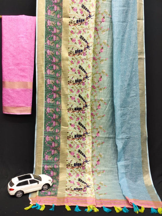 Kalamkari Gold Linen Saree with Weaving Patta & Digital Blouse